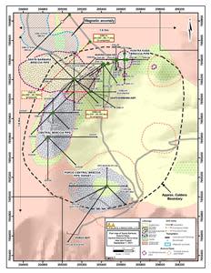 Geology of the Iska Iska Caldera Complex showing locations of Major Breccia Pipe targets including the magnetic anomaly northwest of the Santa Barbara Breccia Pipe and diamond drill holes completed and in progress.