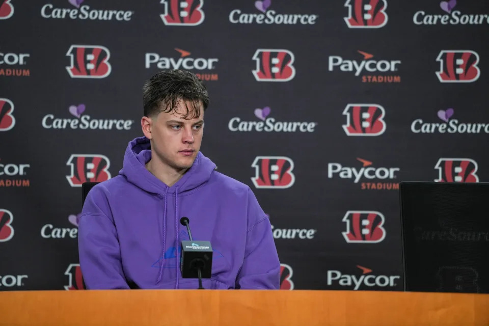 Bengals quarterback Joe Burrow speaks to the media during a press conference on the first day of the off season for the Bengals at Paycor Stadium on Monday January 8, 2024