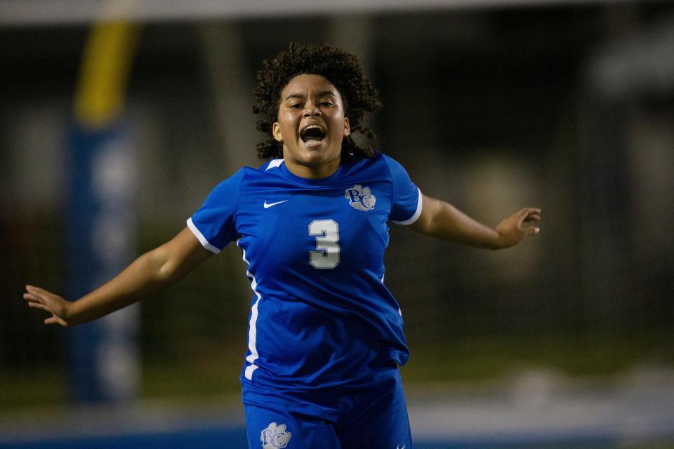 Ava Babcock-Watford #3 of the Barron Collier girls soccer team celebrates a goal over Naples in the CCAC Championships at Barron Collier onFriday, Jan. 5, 2024. Barron Collier won 2-0.