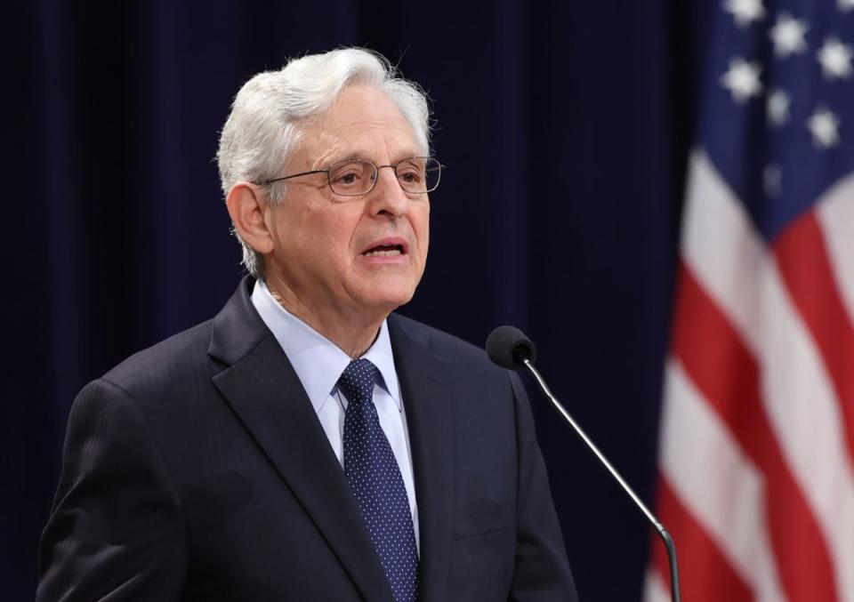 Attorney General Merrick Garland appears at the Justice Department for an event on 14 May 2024 (Getty Images)