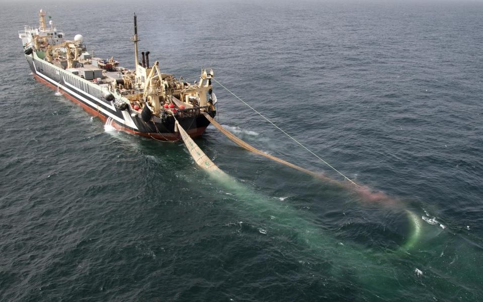 The world's second largest factory fishing trawler, the Lithuanian FV Margiris, which has been spotted off the south coast of England - PA