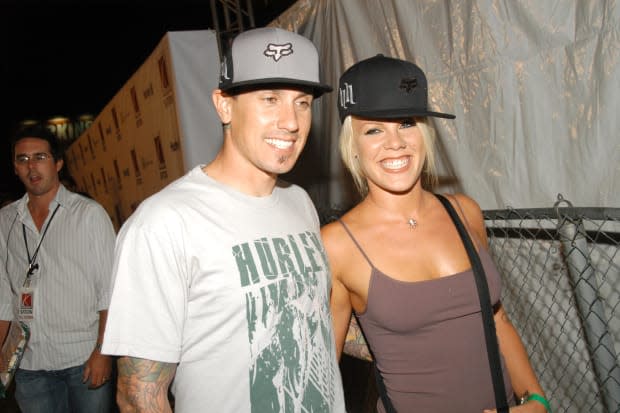 Carey Hart and Pink attend an X Games party in August 2006<p><a href="https://www.gettyimages.com/detail/604387620" rel="nofollow noopener" target="_blank" data-ylk="slk:Patrick McMullan/Getty Images;elm:context_link;itc:0;sec:content-canvas" class="link ">Patrick McMullan/Getty Images</a></p>