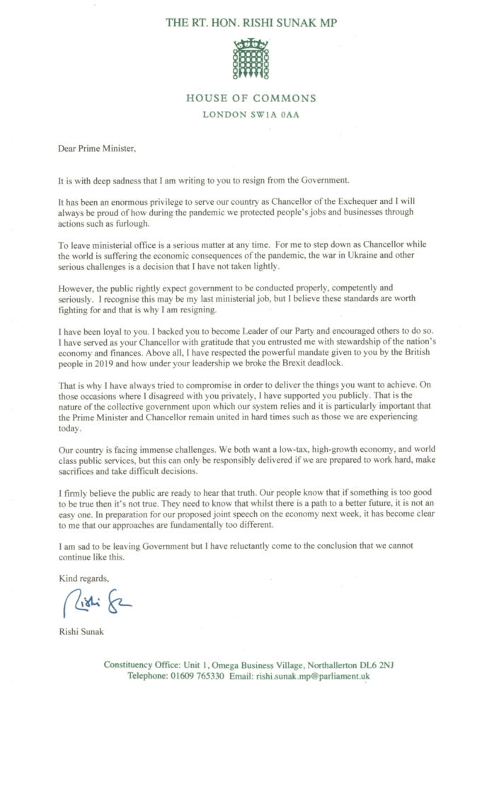 Handout photo of the letter sent by Chancellor of the Exchequer Rishi Sunak to Prime Minister Boris Johnson offering his resignation and writing on Twitter: 