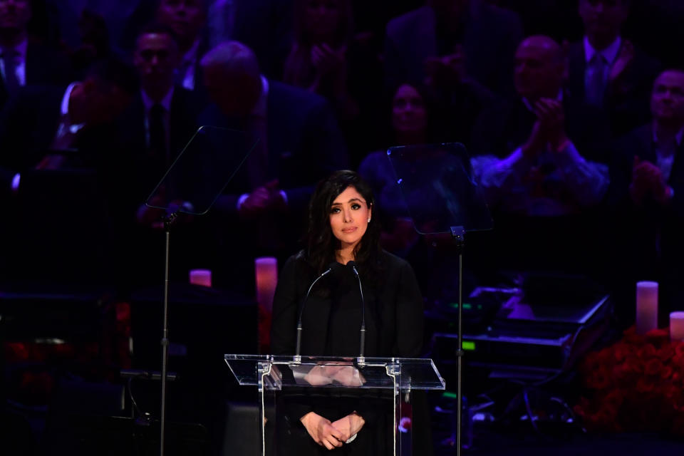 Vanessa Bryant at a podium during the "Celebration of Life for Kobe and Gianna Bryant" service at Staples Center.