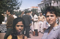 This undated photo provided by the Kamala Harris campaign in April 2019 shows her mother, Shyamala Gopalan, left, and her mother's friend, Lenore Pomerance, during a civil rights protest at Berkeley, Calif. (Kamala Harris campaign via AP)