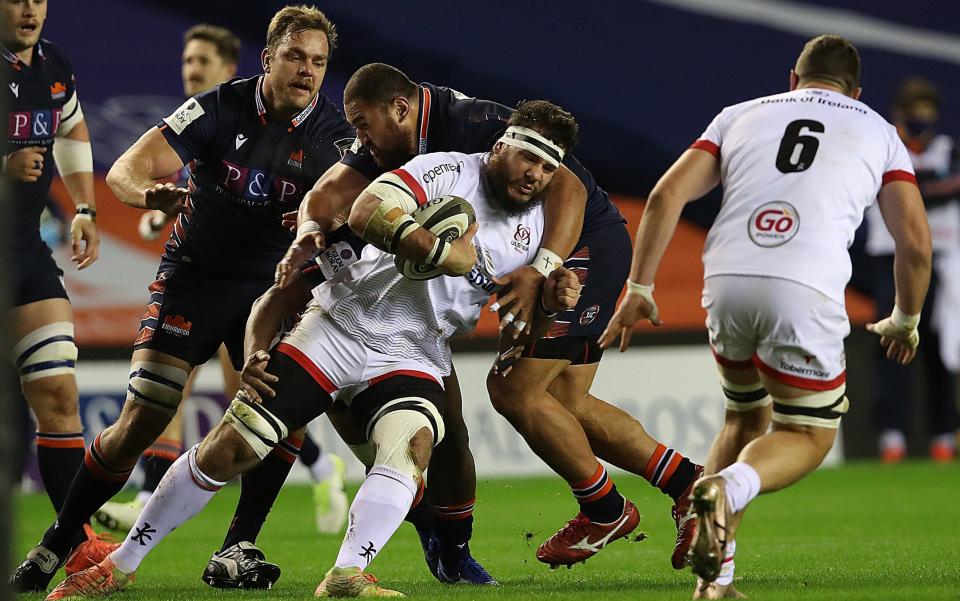 EDINBURGH, SCOTLAND - NOVEMBER 30: Marcell Coetzee of Ulster is tackled by David Cherry of Edinburgh Rugby during the Guinness PRO14 match between Edinburgh and Ulster at Murrayfield on November 30, 2020 in Edinburgh - GETTY IMAGES