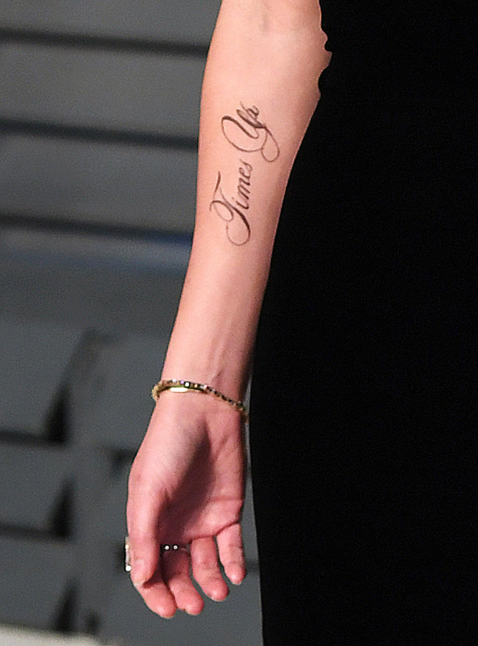 <p>In tribute to the ‘Time’s Up’ movement, actress Emma Watson got a faux tattoo at the 2018 Oscars. But fans were quick to spot a grammatical error, as the ink is missing an apostrophe. <em>[Photo: Getty]</em> </p>