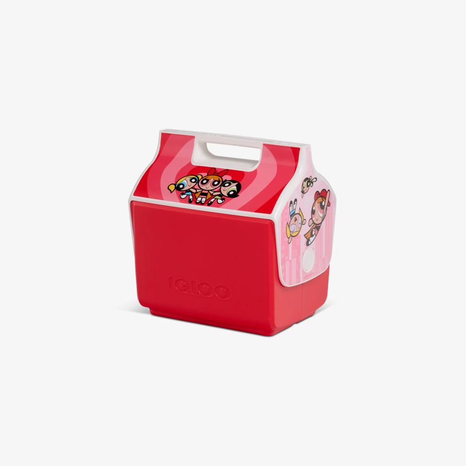 red, pink and white cooler with powerpuff girls graphics on top and sides