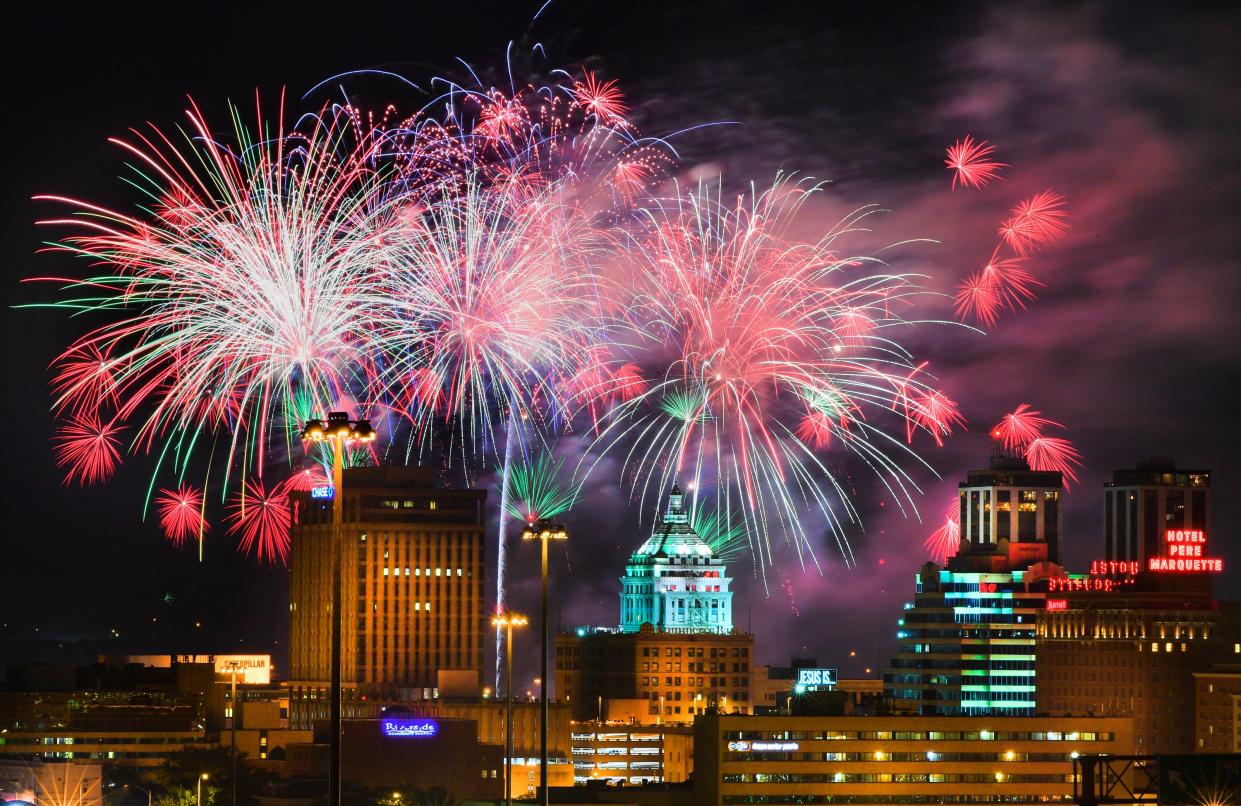 Fireworks explode over the skyline of Peoria on July 4, 2017 during the Red, White and Boom fireworks show.