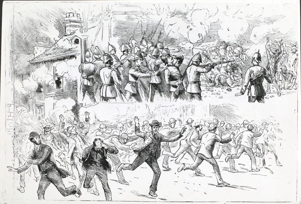 Drawing of people in suits fleeing soldiers with guns