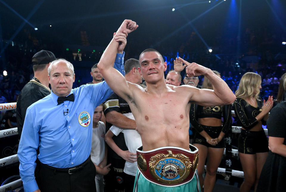 Tim Tszyu celebrates.