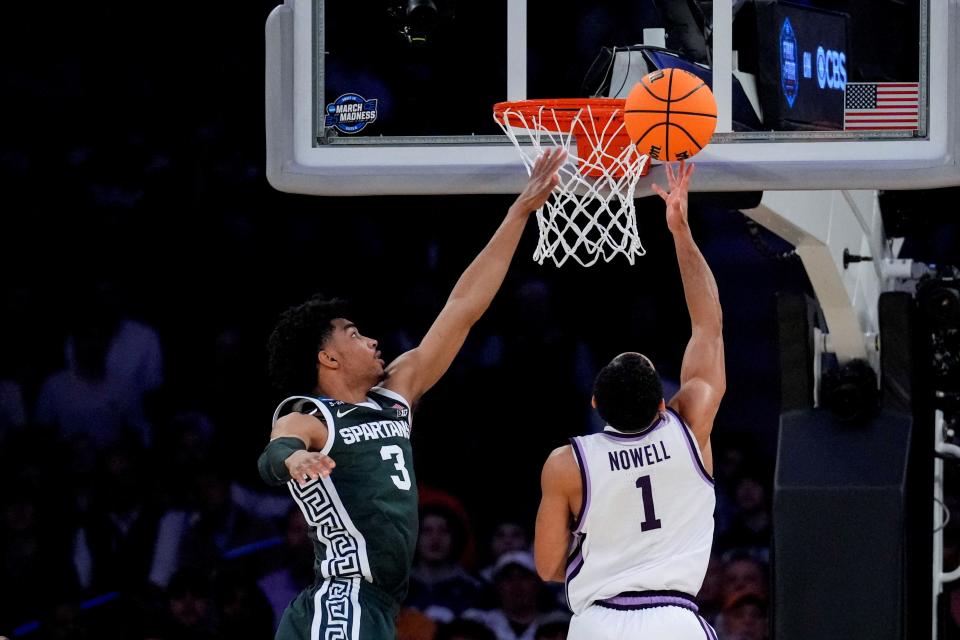 Mar 23, 2023; New York, NY, USA;  Kansas State Wildcats guard Markquis Nowell (1) drives to the basket against Michigan State Spartans guard Jaden Akins (3) in the first half at Madison Square Garden. Mandatory Credit: Robert Deutsch-USA TODAY Sports