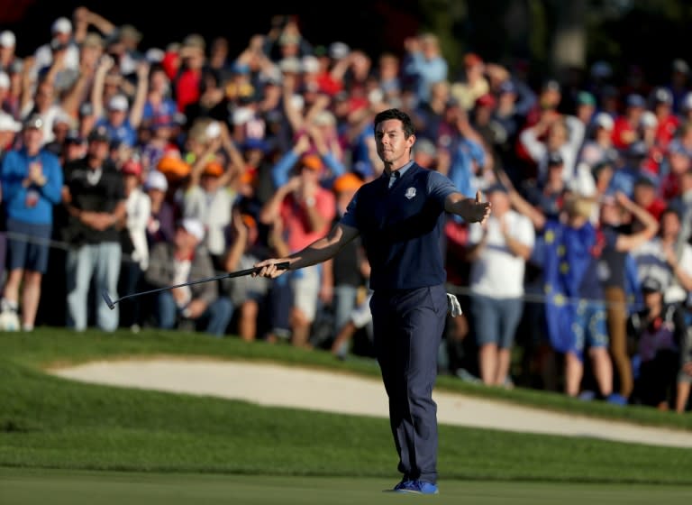Rory McIlroy of Team Europe reacts on the 16th green after making a putt to win the match during afternoon foursomes matches of the 2016 Ryder Cup, at Hazeltine National Golf Club in Chaska, Minnesota, on September 30, 2016