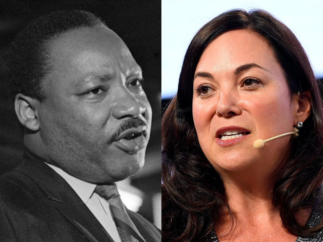 Dr. Martin Luther King addresses people on April 3 1968; PagerDuty CEO Jennifer Tejada in October 2019