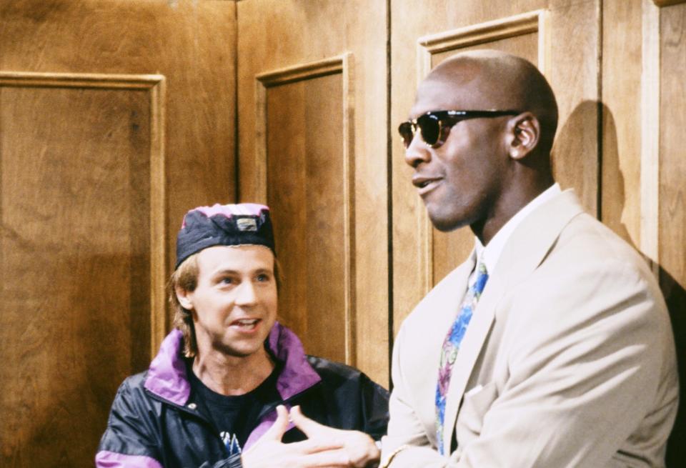 Michael Jordan (pictured with Dana Carvey) was a popular man on the SNL set. (Raymond Bonar/NBCU Photo Bank via Getty Images)