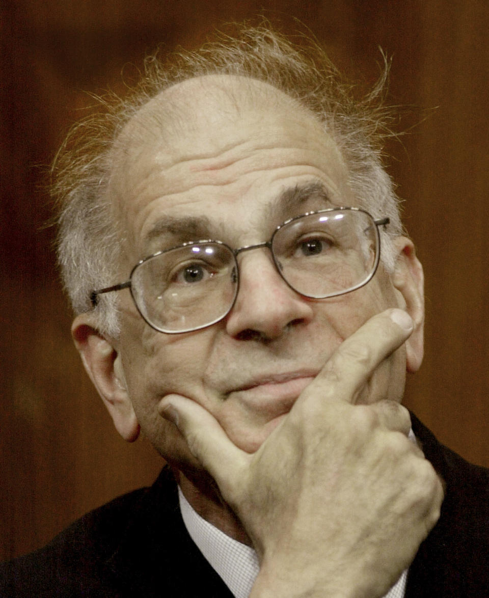 FILE - Psychology professor Daniel Kahneman poses, Oct. 9, 2002, at Princeton University in Princeton, N.J. Kahneman, a psychologist who won a Nobel Prize in economics for his insights into how ingrained neurological biases influence decision making, died Wednesday, March 27, 2024, at the age of 90. (AP Photo/Daniel Hulshizer, File)