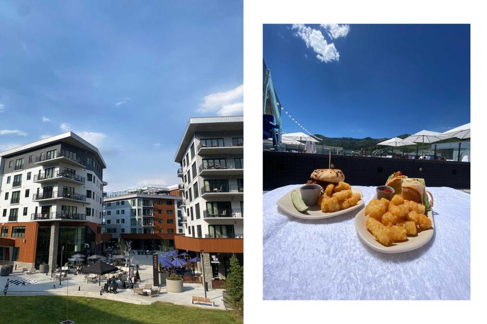 Pendry Park City exterior and two plates of burgers and tots