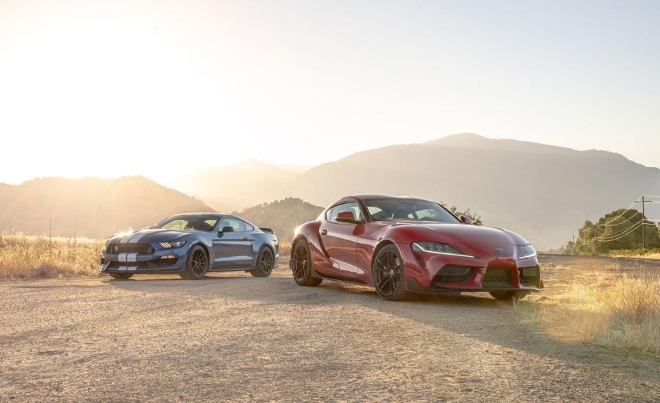 <p>The Ford Mustang Shelby GT-350 is all V-8 thunder and manual gear selection while the Supra boasts a sophisticated turbocharged inline-six and an automatic transmission with paddle shifters. </p>