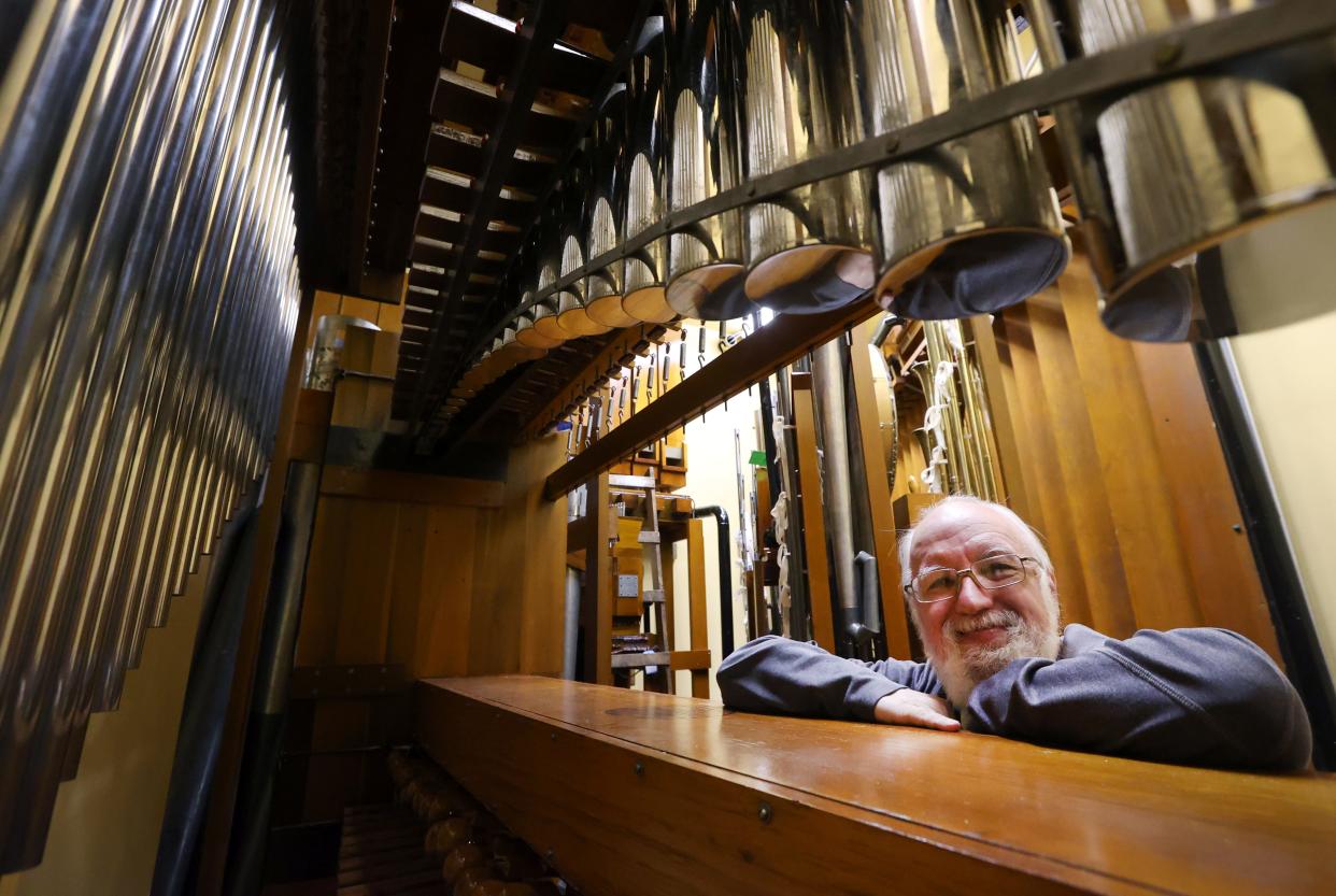 Organist and historian Vincent Astor in 2020, inside the newly refurbished solo organ chamber of the 1928 Wurlitzer pipe organ at the Orpheum.