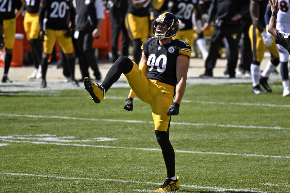 Pittsburgh Steelers outside linebacker T.J. Watt (90) celebrates sacking Denver Broncos quarterback Jeff Driskel (9) during the first half of an NFL football game in Pittsburgh, Sunday, Sept. 20, 2020. (AP Photo/Don Wright)