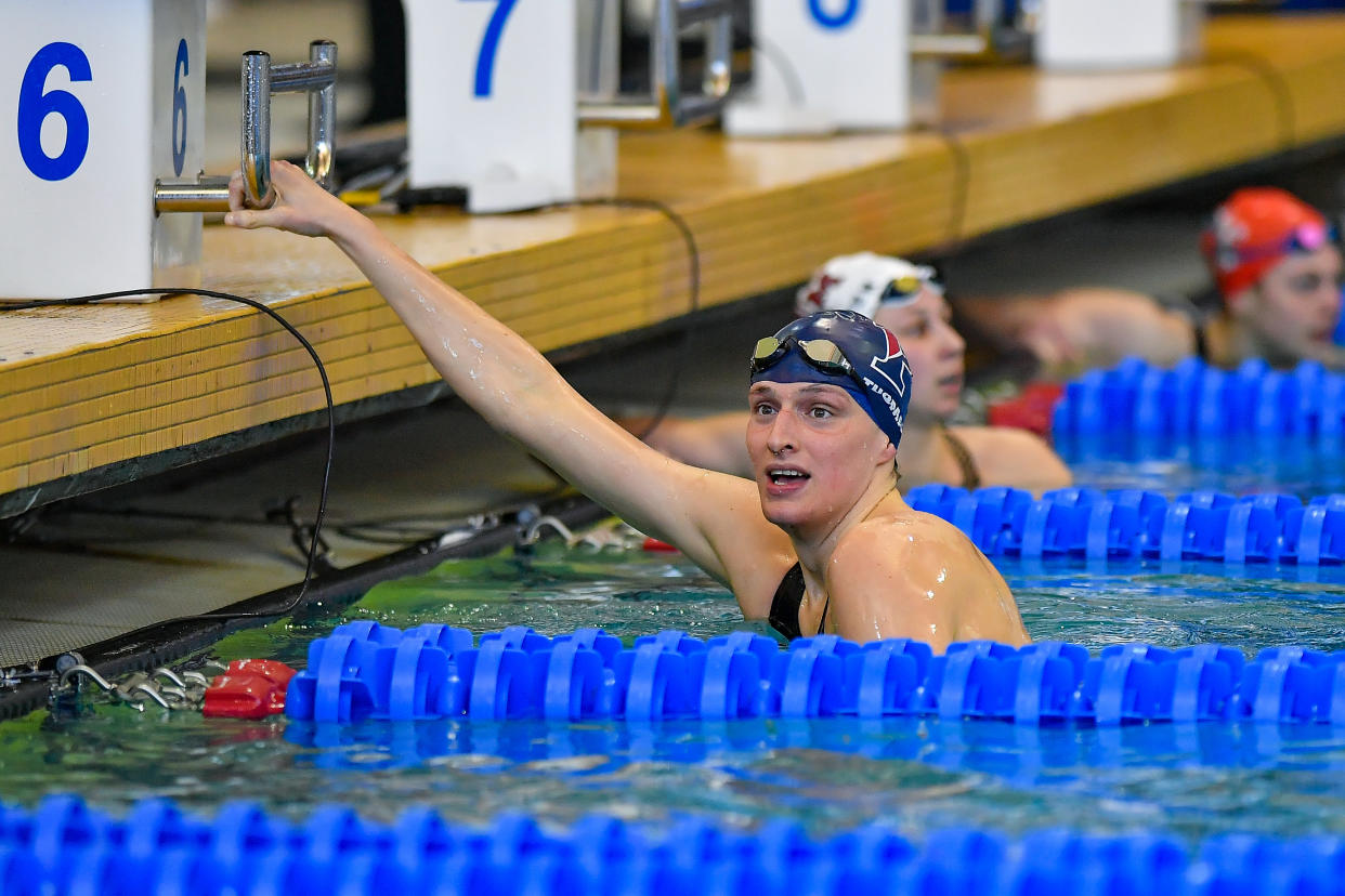 ATLANTA, GA - MARCH 19:  University of Pennsylvania swimmer Lia Thomas reacts after swimming the 100 Freestyle prelims at the NCAA Swimming and Diving Championships on March 19th, 2022 at the McAuley Aquatic Center in Atlanta, Georgia.  (Photo by Rich von Biberstein/Icon Sportswire via Getty Images)