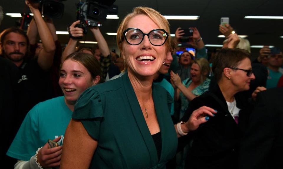 Independent Goldstein candidate Zoe Daniel celebrates with supporters in Melbourne on Saturday night.