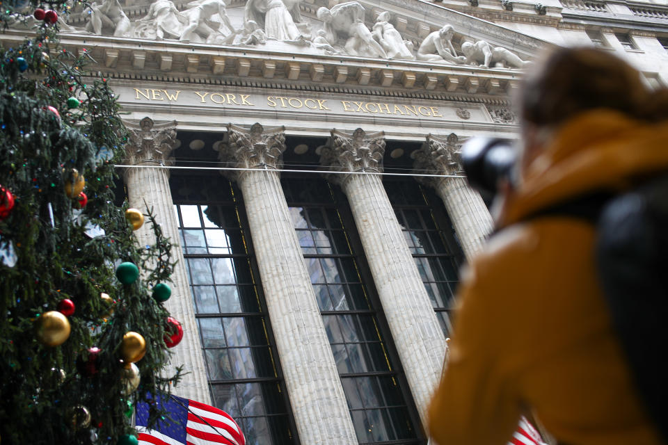 NEW YORK, USA - NOVEMBER 30: New York Stock Exchange building is seen decorated for Christmas at the Financial District in New York City, United States on November 30, 2020. New York is ranked as one of the largest International Financial Centres ("IFC") in the world, now seen so quiet due the Covid-19 pandemic. (Photo by Tayfun Cokun/Anadolu Agency via Getty Images)