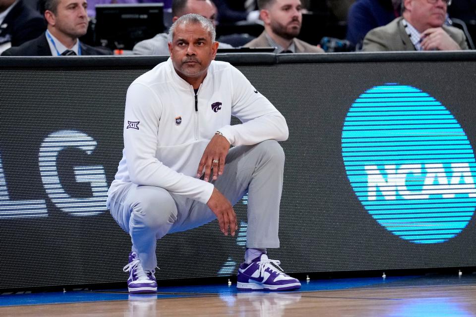 Mar 23, 2023; New York, NY, USA;  Kansas State Wildcats head coach Jerome Tang watches from the sideline against the Michigan State Spartans in the first half at Madison Square Garden. Mandatory Credit: Robert Deutsch-USA TODAY Sports