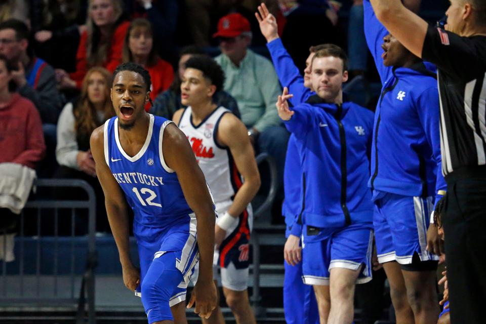 Jan 31, 2023; Oxford, Mississippi, USA; Kentucky Wildcats guard Antonio Reeves (12) reacts after a three point basket during the second half against the Mississippi Rebels at The Sandy and John Black Pavilion at Ole Miss. Mandatory Credit: Petre Thomas-USA TODAY Sports