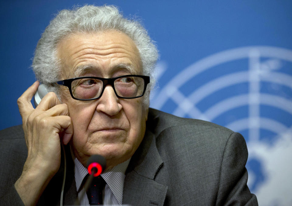 FILE - In this Jan. 24, 2014 file photo, U.N. mediator Lakhdar Brahimi listens during a press briefing at the United Nations headquarters in Geneva, Switzerland. Brahimi will resign as the joint U.N.-Arab League envoy on Syria after a nearly two-year effort that failed to bring peace to the war-ravaged country, the U.N. chief announced Tuesday, May 13, 2014. He will step down May 31. (AP Photo/Anja Niedringhaus, File)