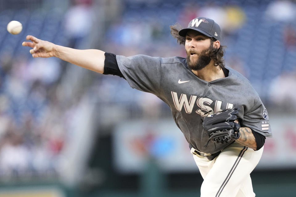Washington Nationals starting pitcher Trevor Williams throws during the first inning of a baseball game against the Cleveland Guardians in Washington, Friday, April 14, 2023. (AP Photo/Manuel Balce Ceneta)