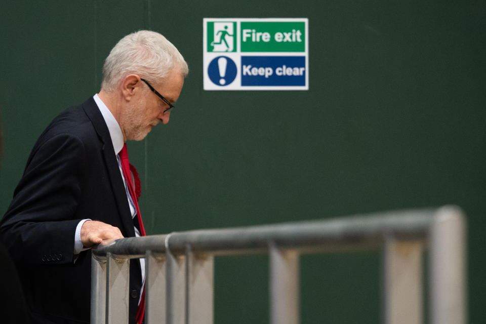 LONDON, ENGLAND - DECEMBER 13: Labour Party leader Jeremy Corbyn leaves the stage at Sobell leisure centre after retaining his parliamentary seat on December 13, 2019 in London, England. Labour leader Jeremy Corbyn has held the Islington North seat since 1983. The current Conservative Prime Minister Boris Johnson called the first UK winter election for nearly a century in an attempt to gain a working majority to break the parliamentary deadlock over Brexit. The election results from across the country are being counted overnight and an overall result is expected in the early hours of Friday morning. (Photo by Leon Neal/Getty Images)