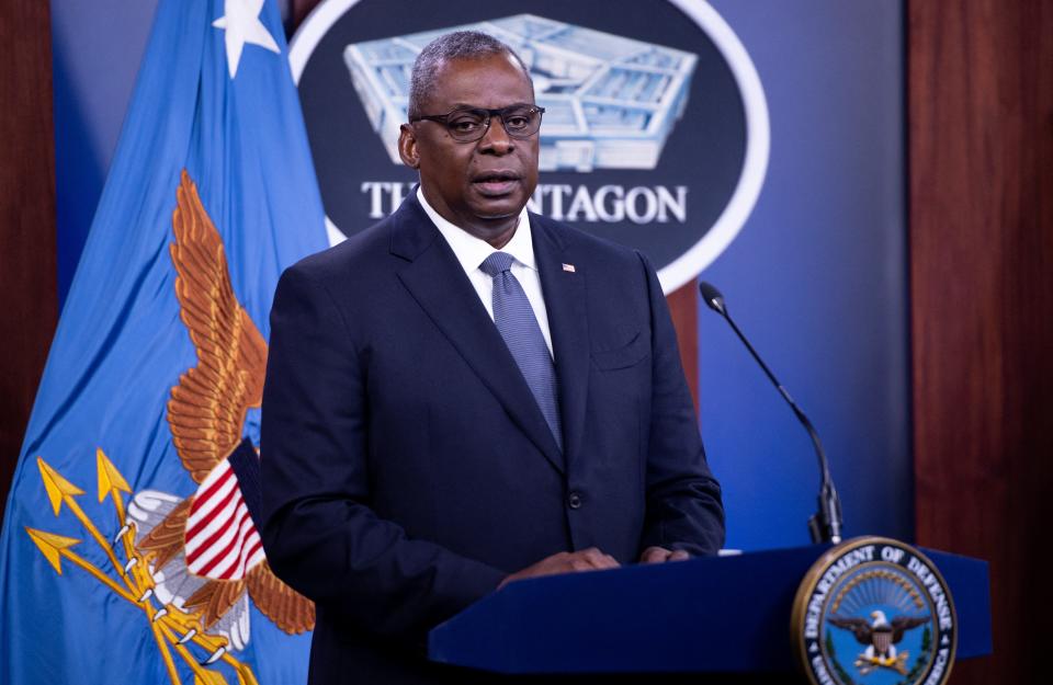 (FILES) US Secretary of Defense Lloyd Austin III holds a press briefing about the US military drawdown in Afghanistan, at the Pentagon in Washington, DC September 1, 2021. The US military carried out strikes on three sites used by Iran-backed forces in Iraq on December 25 after an attack wounded American personnel earlier in the day, Defense Secretary Lloyd Austin said.

"US military forces conducted necessary and proportionate strikes on three facilities used by Kataeb Hezbollah and affiliated groups in Iraq," Austin said in a statement. (Photo by SAUL LOEB / AFP) (Photo by SAUL LOEB/AFP via Getty Images) ORIG FILE ID: 1875765383