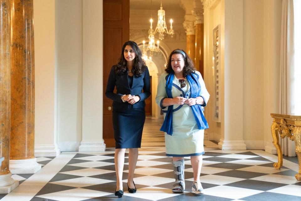 Home Secretary Suella Braverman walks with British Ambassador to the United States Karen Pierce at the British ambassador's residence in Washington DC (PA)