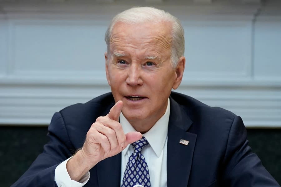 FILE - President Joe Biden speaks during a meeting with his "Investing in America Cabinet," in the Roosevelt Room of the White House, Friday, May 5, 2023, in Washington. For Biden, the past few days have raised hopes that the U.S. economy can stick a soft landing—possibly avoiding a recession as the 2024 election nears. Most U.S. adults have downbeat feelings about Biden's economic leadership, as high inflation has overshadowed a strong jobs market. It's long been economic orthodoxy that efforts to beat back inflation by the Federal Reserve would result in unemployment rising and the country sinking into recession. (AP Photo/Evan Vucci, File)