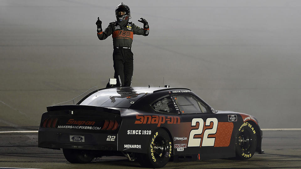 Austin Cindric, pictured here celebrating after winning the NASCAR Xfinity Series Alsco 300 at Kentucky Speedway.