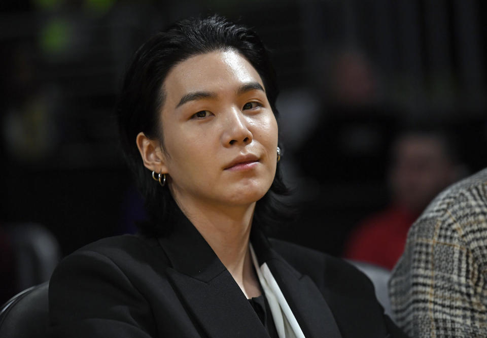 Suga at the Los Angeles Lakers and Dallas Mavericks game at Crypto.com Arena on Jan. 12, 2023 in Los Angeles. (Kevork Djansezian / Getty Images)