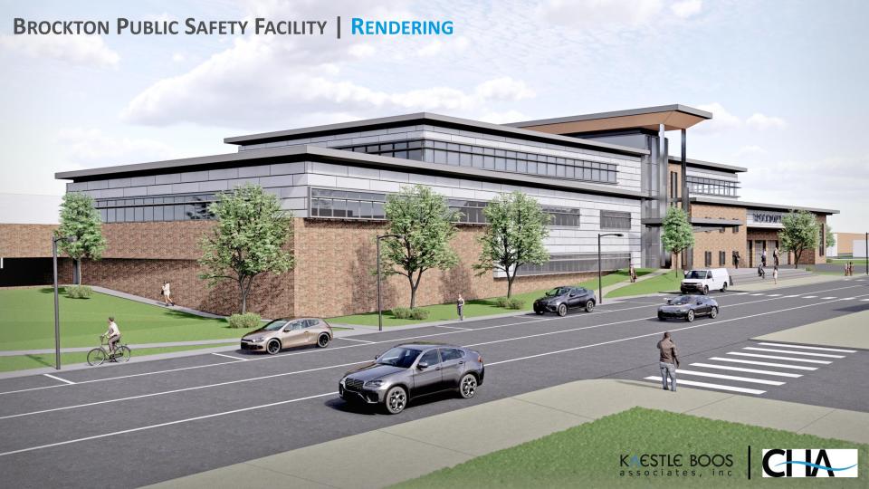 A December 2020 rendering of the combined public safety complex in Brockton, which will be located on Warren Avenue at the former Brockton High School site. This rendering shows the police department's side of the building, closer to West Elm Street.