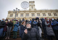 A man holds placard reading "There is no to your lie!" during a protest against the jailing of opposition leader Alexei Navalny in Moscow, Russia, on Sunday, Jan. 31, 2021. Thousands of people took to the streets Sunday across Russia to demand the release of jailed opposition leader Alexei Navalny, keeping up the wave of nationwide protests that have rattled the Kremlin. Hundreds were detained by police. (AP Photo/Alexander Zemlianichenko)