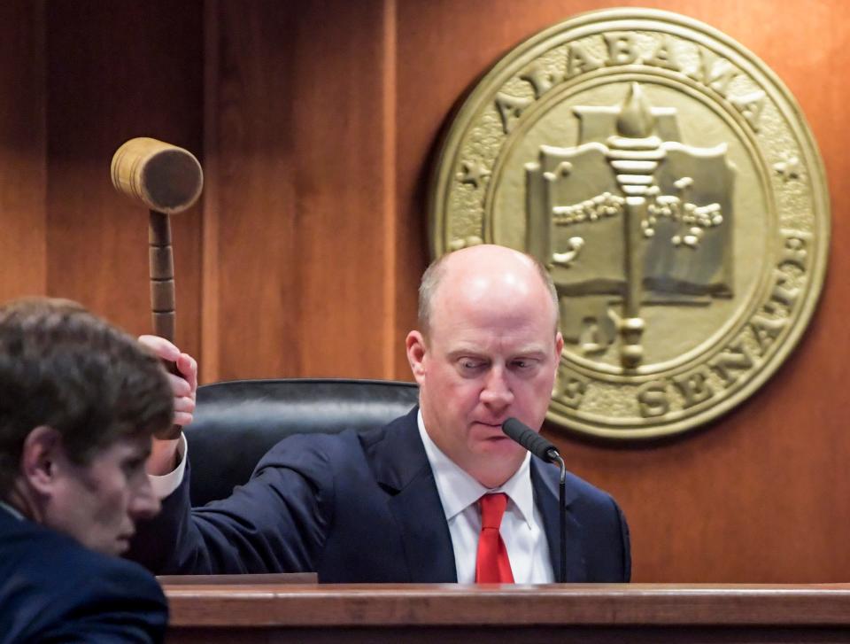 Lt. Governor Will Ainsworth gavels in the Alabama Senate during the first day of the legislative session at the Alabama Statehouse in Montgomery, Ala., on Tuesday February 6, 2024.