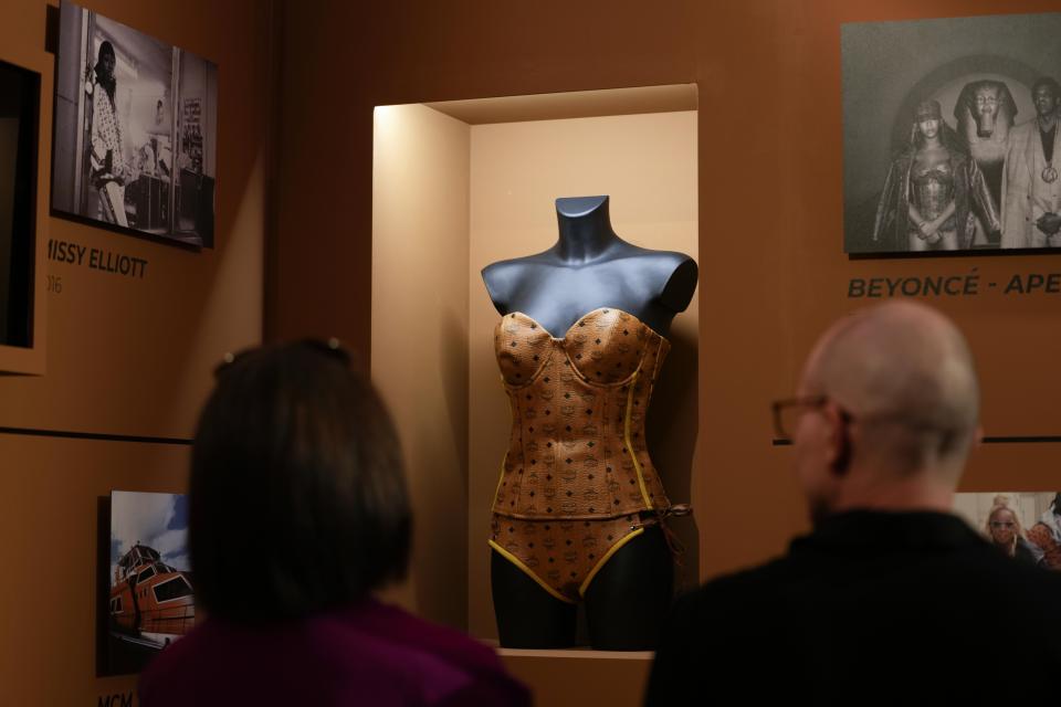 A leather bodice is displayed at the MCM showroom part of the Spring Summer 2024 collection presented in Milan, Italy, Sunday, June 18, 2023. (AP Photo/Luca Bruno)