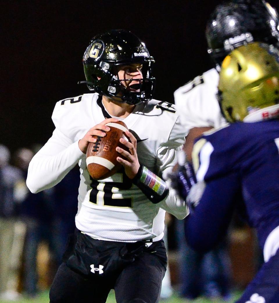 Spartanburg hosted Gaffney in the 5A Upper State Championship game in high school football at Spartanburg High School on Friday, Nov. 26, 2021.  Gaffney's Grayson Loftis (12) on a passing play. 