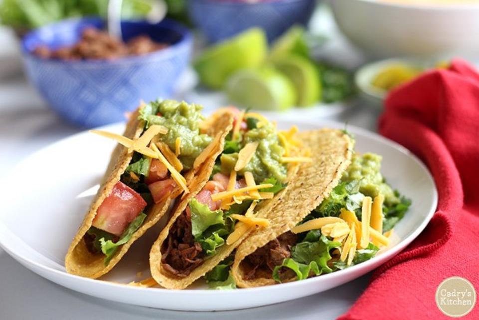 <p>Cadry's Kitchen</p><p>Flavorful vegan jackfruit carnitas tacos are infused with red wine, cumin, ancho chili powder and coriander.</p><p><strong>Get the recipe: <a href="https://cadryskitchen.com/2018/09/10/vegan-jackfruit-carnitas-tacos/" rel="nofollow noopener" target="_blank" data-ylk="slk:Jackfruit Carnitas Tacos with Red Wine;elm:context_link;itc:0;sec:content-canvas" class="link ">Jackfruit Carnitas Tacos with Red Wine</a></strong></p>