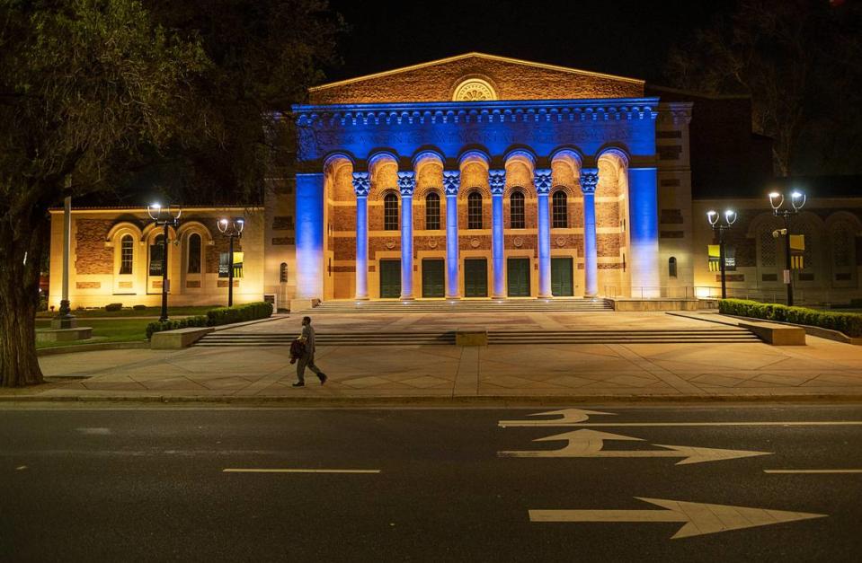 Memorial Auditorium was bathed in blue light starting Wednesday night, April 8, 2020, as the city of Sacramento launched an ongoing campaign to light landmarks blue in honor of health care workers and first responders during the coronavirus pandemic.