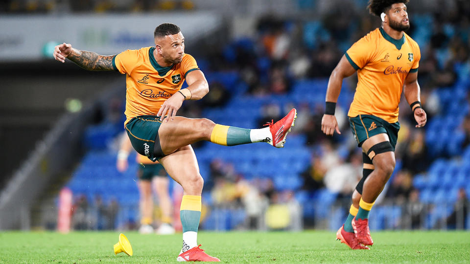 Quade Cooper, pictured here kicking for the Wallabies against South Africa.