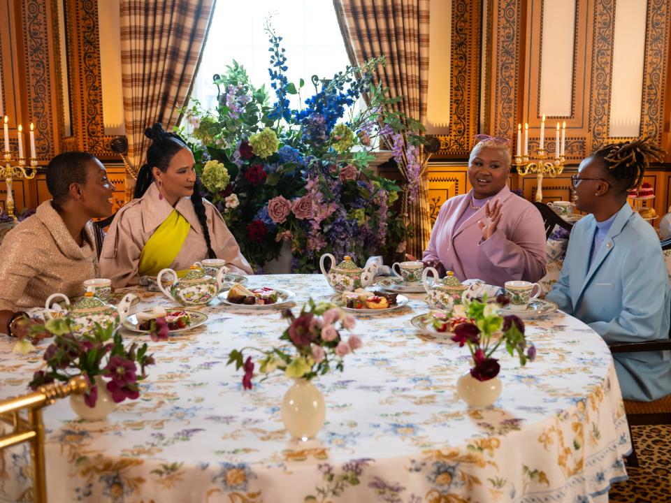 "Bridgerton" star Adjoa Andoh and Golda Rosheuvel having tea with Shanti Hinton and Tiffany Rae.