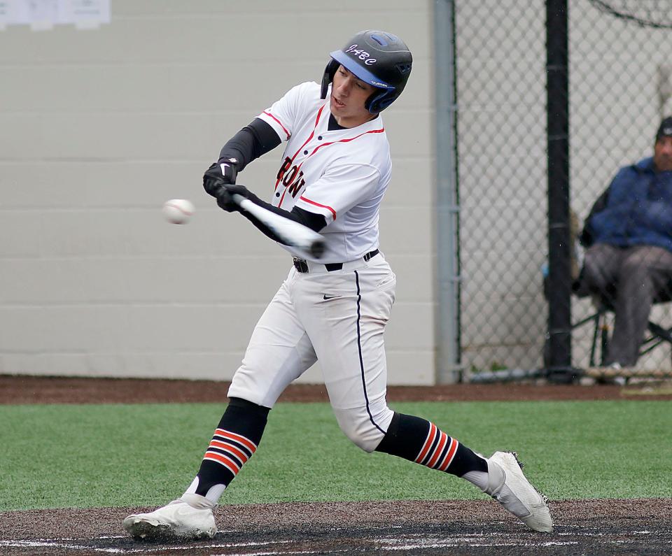 Ashland High School's Jon Metzger (9) bats against Wooster High School during high school baseball action Thursday, May 5, 2022 at Ashland University's Donges Field. TOM E. PUSKAR/TIMES-GAZETTE.COM