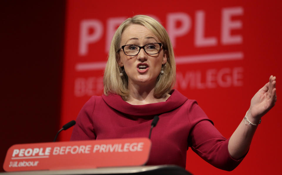 Rebecca Long-Bailey, Britain's Shadow Business secretary speaks on stage during the Labour Party Conference at the Brighton Centre in Brighton, England, Tuesday, Sept. 24, 2019. (AP Photo/Kirsty Wigglesworth)