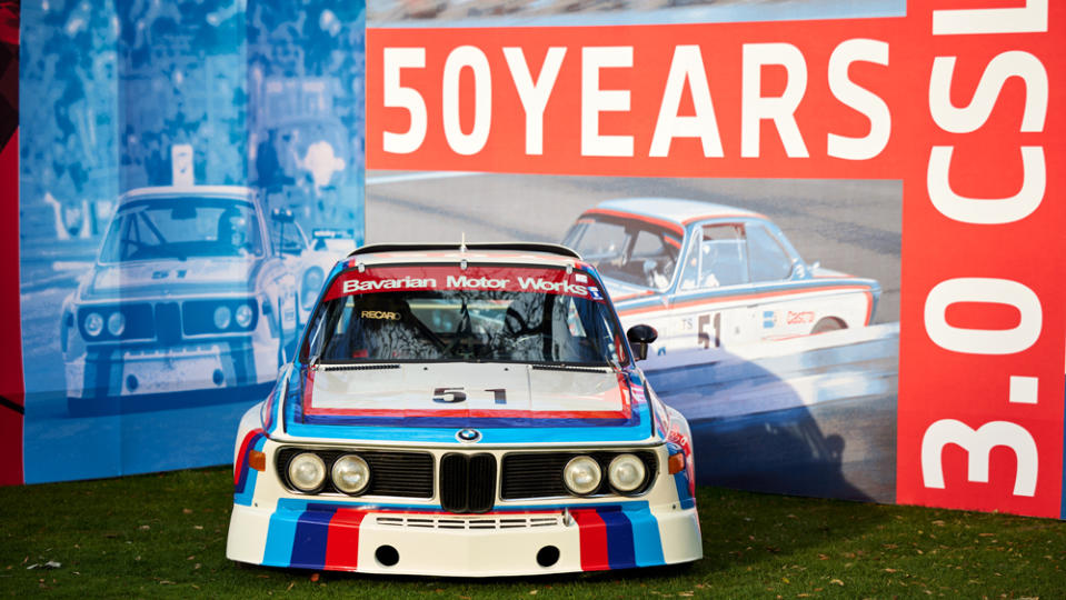BMW's M division celebrated the 50th anniversary of its Le Mans–winning 3.0 CSL with a display at the 2023 Amelia Island Concours d'Elegance.