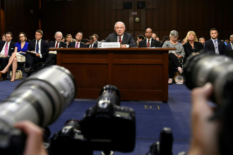 <p>Attorney General Jeff Sessions testifies during a U.S. Senate Select Committee on Intelligence hearing on Capitol Hill in Washington, DC, June 13, 2017. (Photo: Saul Loeb/AFP/Getty Images) </p>